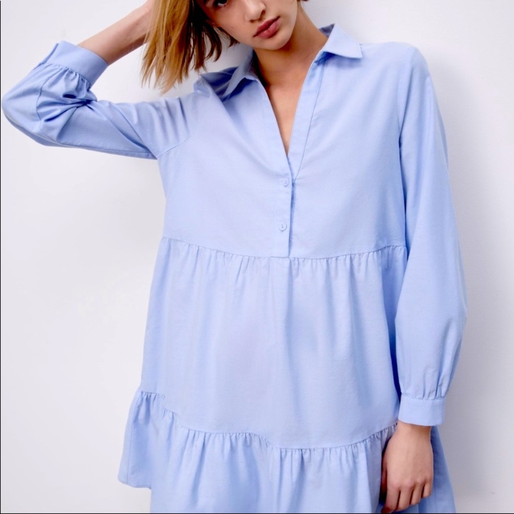 Zara blue Oxford cloth tiered mini dress